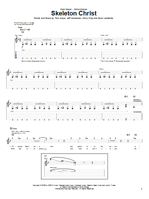 Slayer Skeleton Christ sheet music notes and chords arranged for Guitar Tab