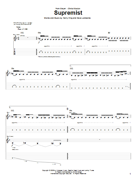 Slayer Supremist sheet music notes and chords arranged for Guitar Tab