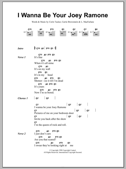 Sleater-Kinney  I Wanna Be Your Joey Ramone sheet music notes and chords arranged for Guitar Chords/Lyrics