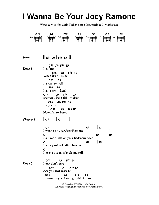 Sleater-Kinney  I Wanna Be Your Joey Ramone sheet music notes and chords arranged for Guitar Chords/Lyrics
