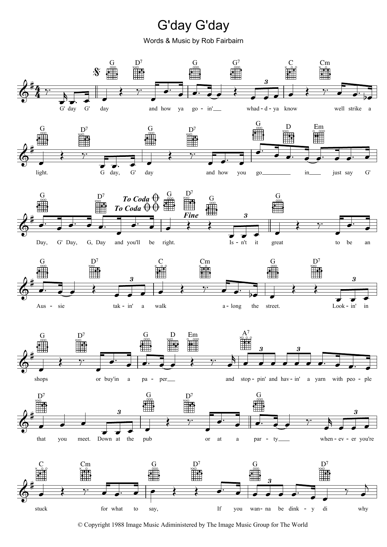 Slim Dusty G'day, G'day sheet music notes and chords arranged for Lead Sheet / Fake Book