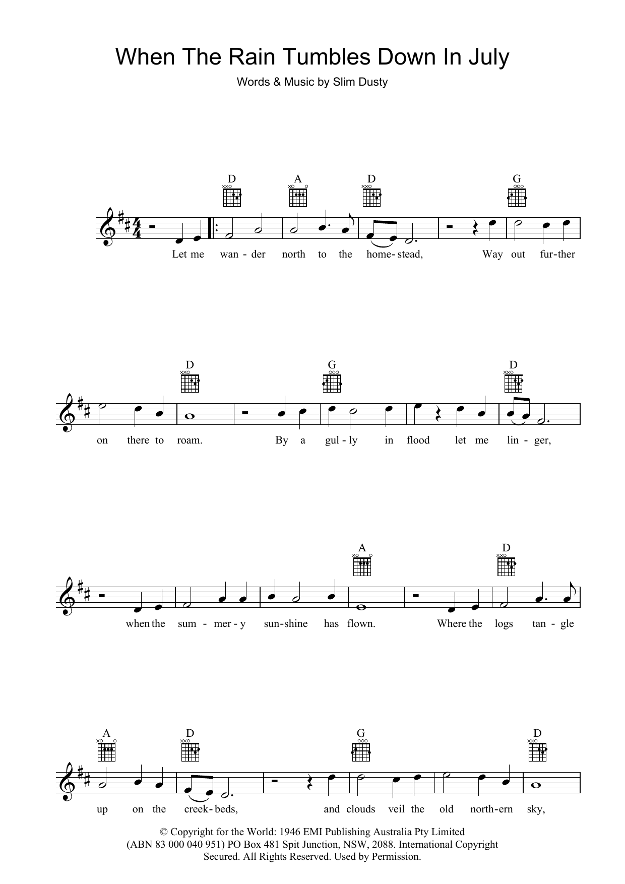 Slim Dusty When The Rain Tumbles Down In July sheet music notes and chords arranged for Lead Sheet / Fake Book