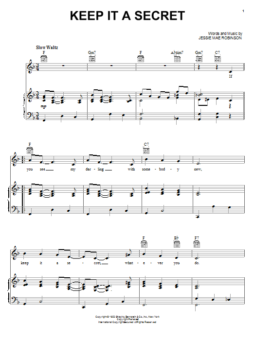 Slim Whitman Keep It A Secret sheet music notes and chords arranged for Piano, Vocal & Guitar Chords (Right-Hand Melody)