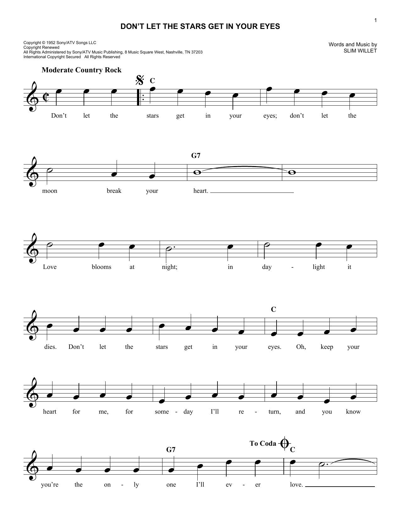 Slim Willet Don't Let The Stars Get In Your Eyes sheet music notes and chords arranged for Lead Sheet / Fake Book
