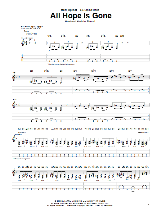 Slipknot All Hope Is Gone sheet music notes and chords arranged for Guitar Tab