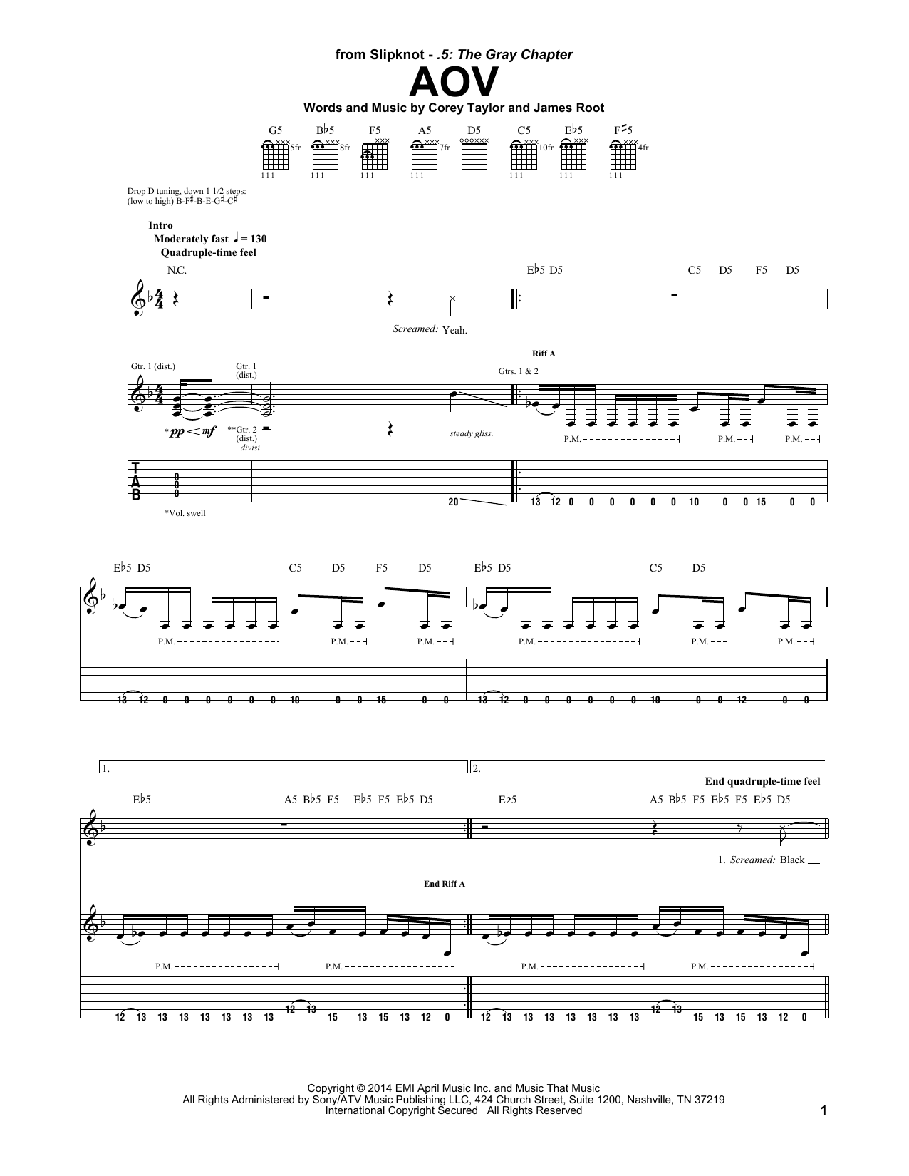 Slipknot AOV sheet music notes and chords arranged for Guitar Tab
