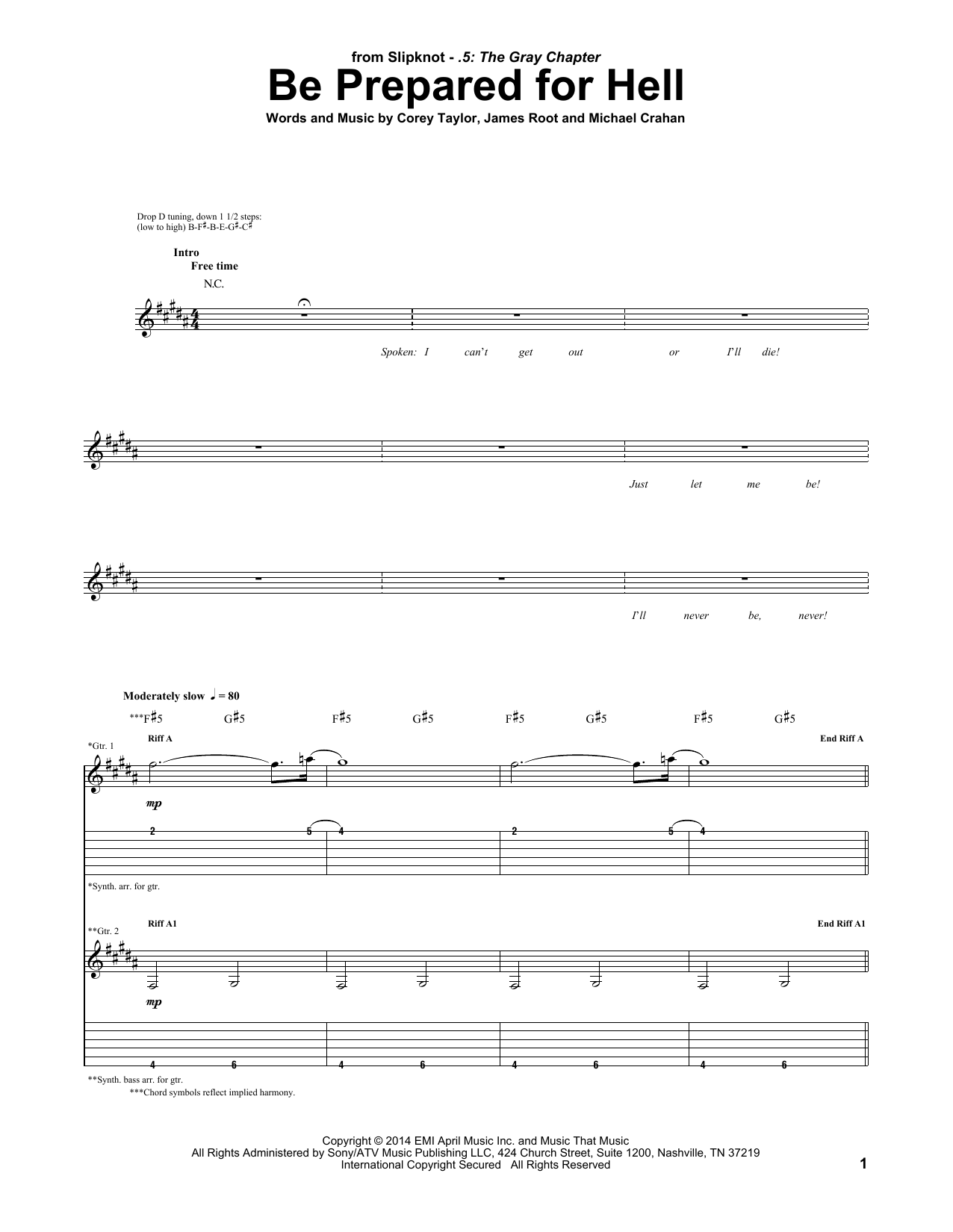 Slipknot Be Prepared For Hell sheet music notes and chords arranged for Guitar Tab