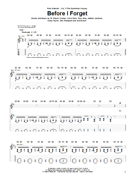 Slipknot Before I Forget sheet music notes and chords arranged for Guitar Tab (Single Guitar)