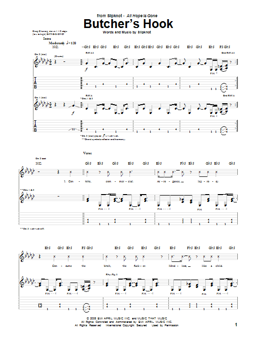 Slipknot Butcher's Hook sheet music notes and chords arranged for Guitar Tab