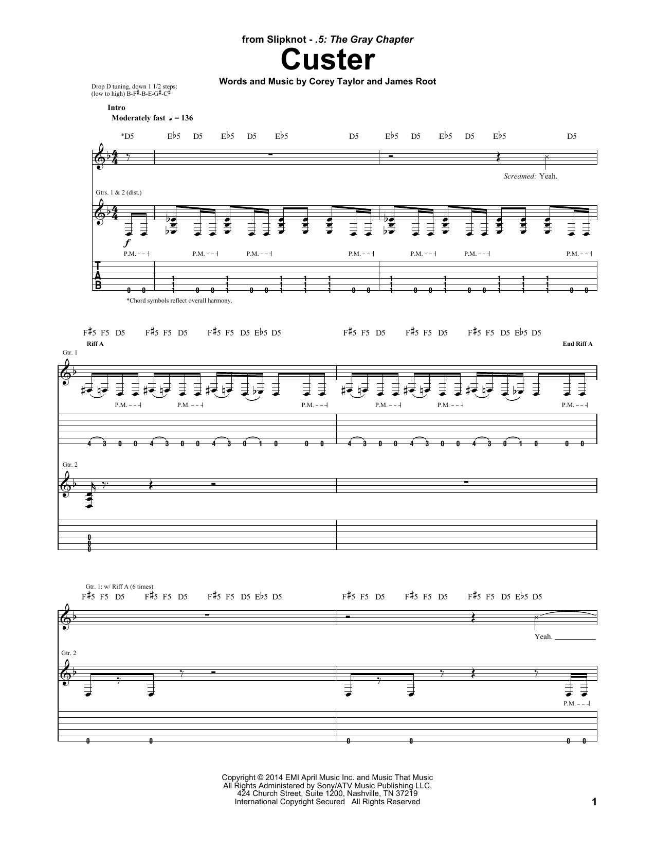 Slipknot Custer sheet music notes and chords arranged for Guitar Tab