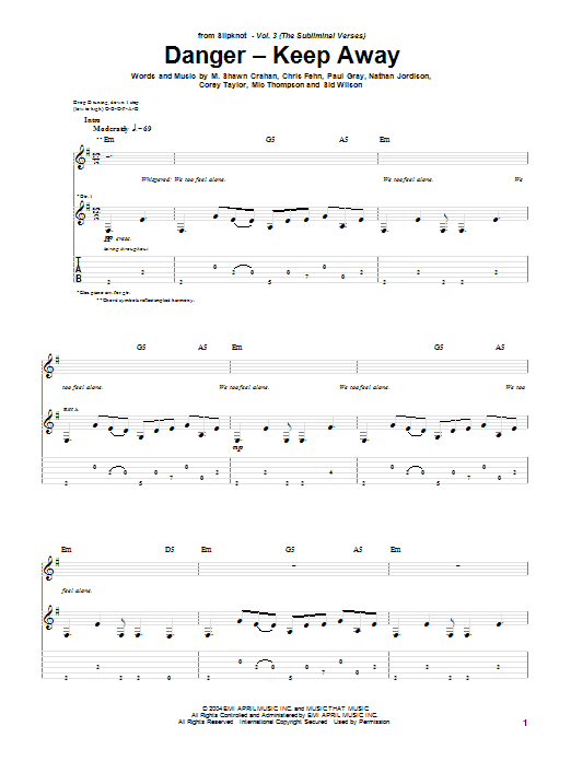 Slipknot Danger - Keep Away sheet music notes and chords arranged for Guitar Tab