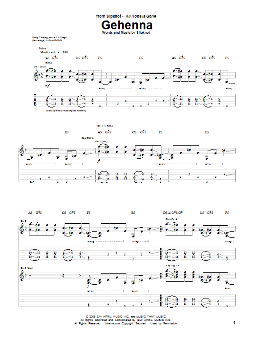 Slipknot Gehenna sheet music notes and chords arranged for Guitar Tab