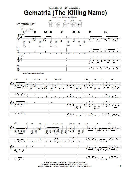 Slipknot Gematria (The Killing Name) sheet music notes and chords arranged for Guitar Tab
