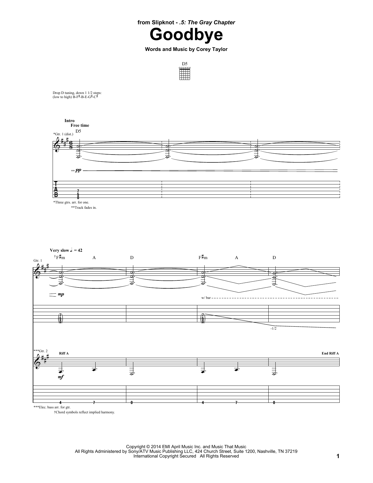 Slipknot Goodbye sheet music notes and chords arranged for Guitar Tab