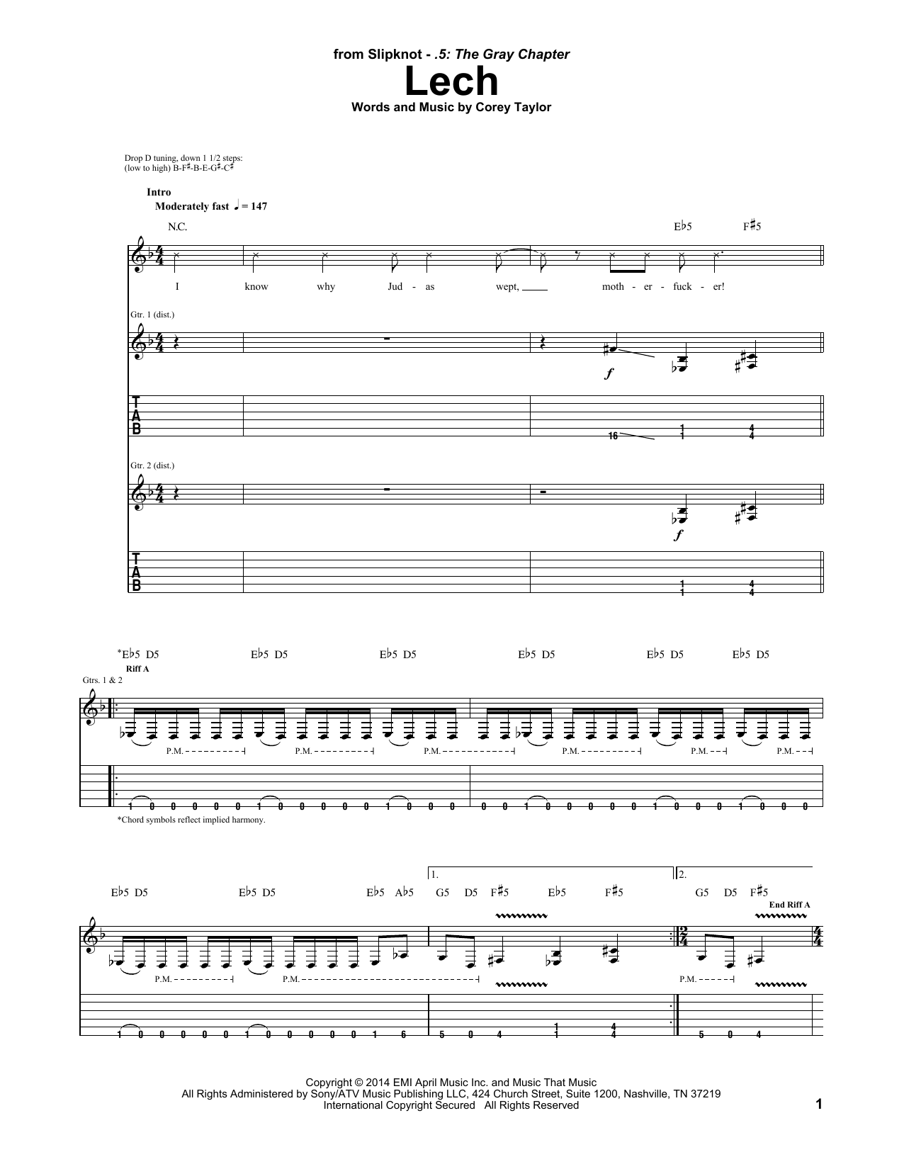 Slipknot Lech sheet music notes and chords arranged for Guitar Tab