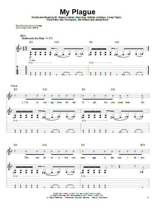 Slipknot My Plague sheet music notes and chords arranged for Guitar Tab (Single Guitar)