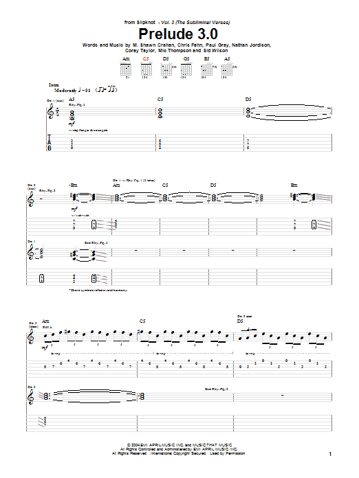 Slipknot Prelude 3.0 sheet music notes and chords arranged for Guitar Tab