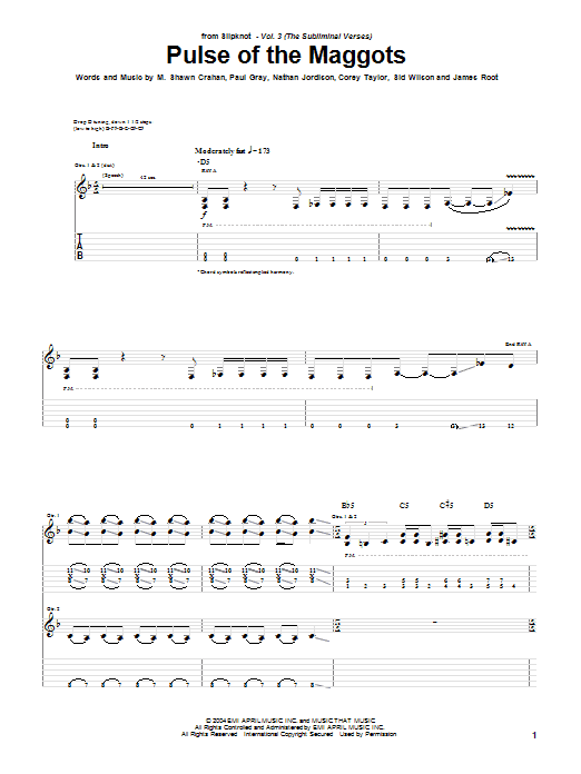 Slipknot Pulse Of The Maggots sheet music notes and chords arranged for Guitar Tab