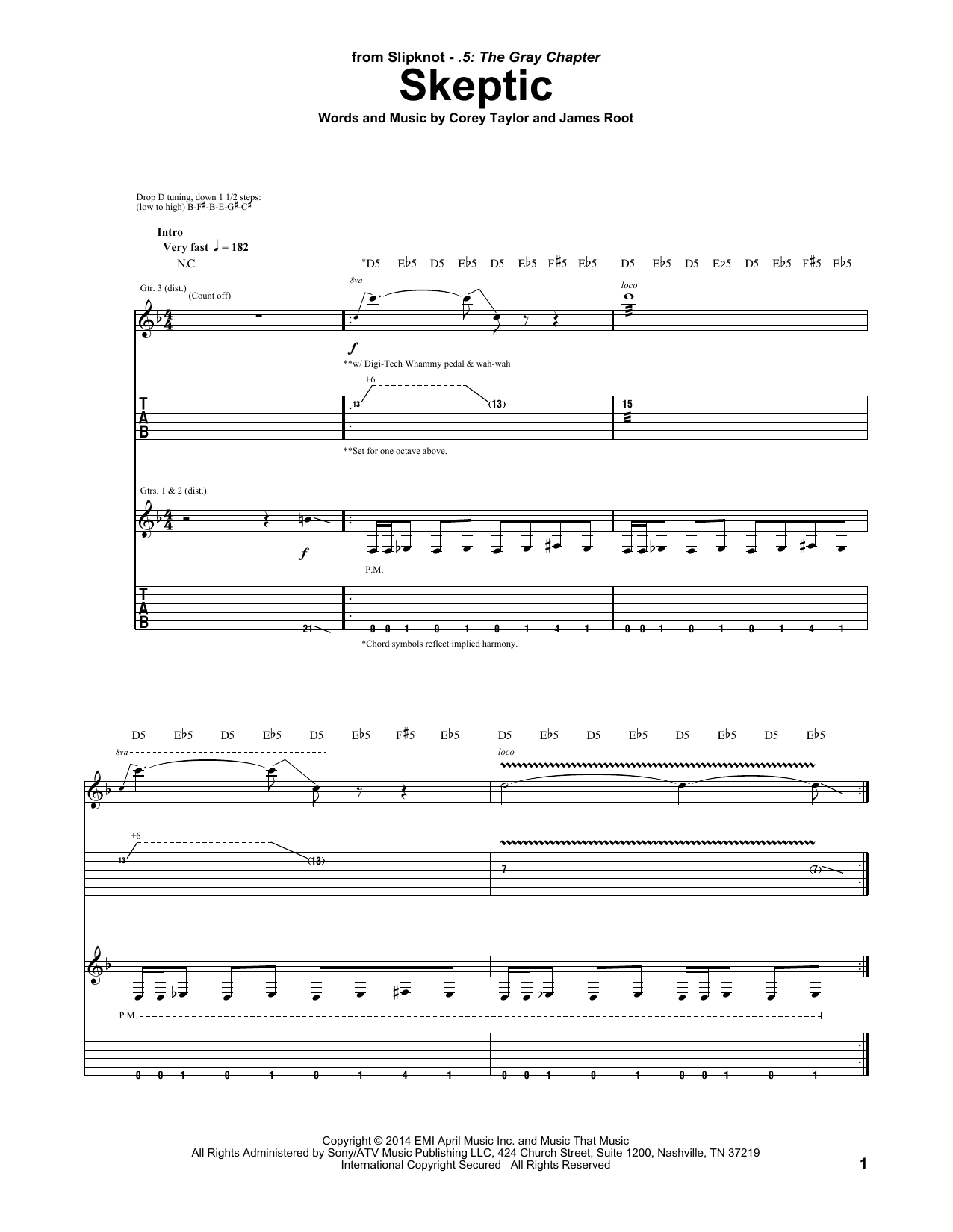 Slipknot Skeptic sheet music notes and chords arranged for Guitar Tab