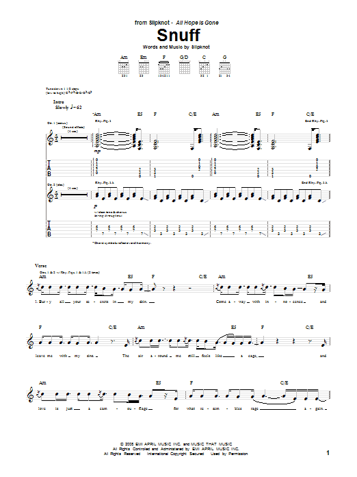 Slipknot Snuff sheet music notes and chords arranged for Guitar Tab