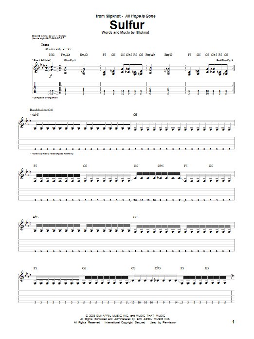 Slipknot Sulfur sheet music notes and chords arranged for Guitar Tab