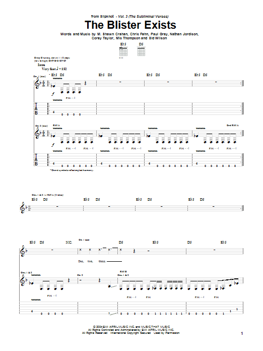 Slipknot The Blister Exists sheet music notes and chords arranged for Guitar Tab