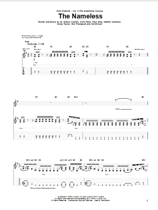 Slipknot The Nameless sheet music notes and chords arranged for Guitar Tab