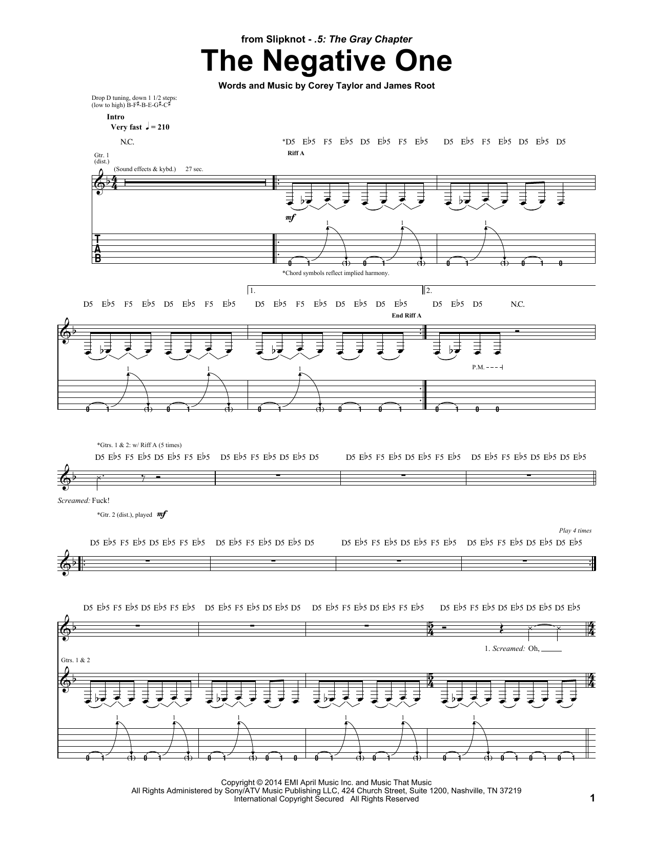 Slipknot The Negative One sheet music notes and chords arranged for Guitar Tab