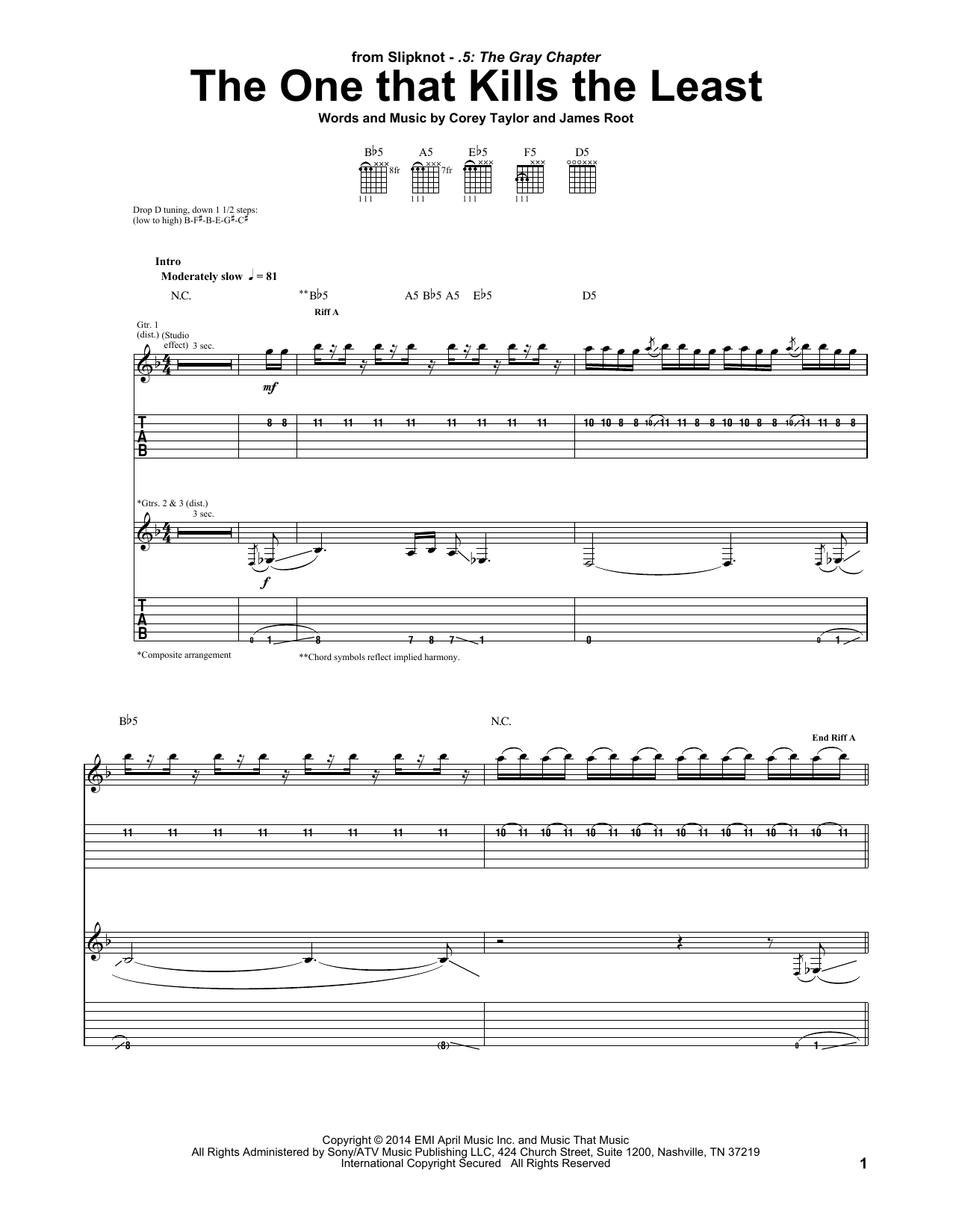 Slipknot The One That Kills The Least sheet music notes and chords arranged for Guitar Tab
