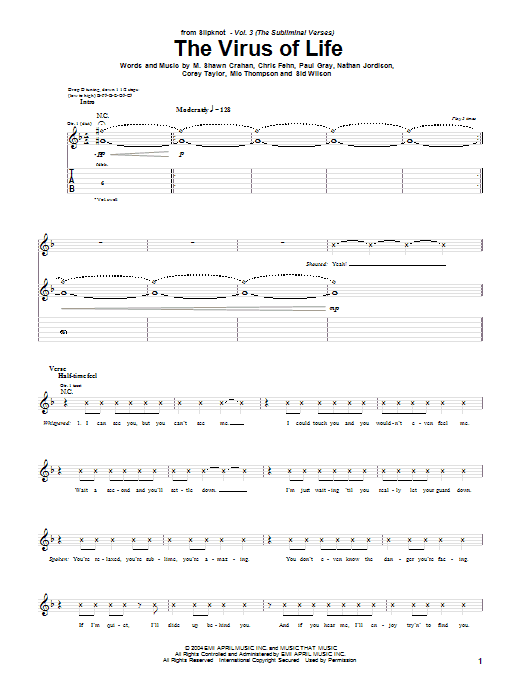 Slipknot The Virus Of Life sheet music notes and chords arranged for Guitar Tab