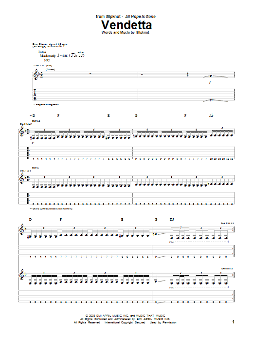 Slipknot Vendetta sheet music notes and chords arranged for Guitar Tab