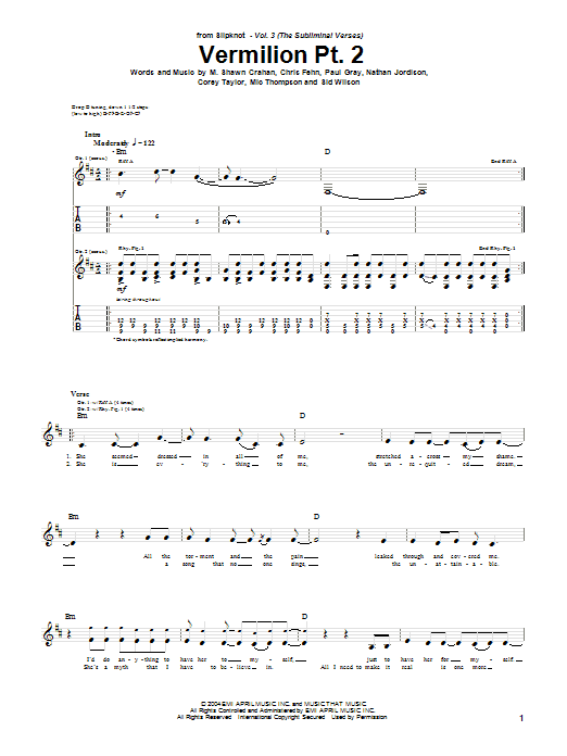 Slipknot Vermilion Pt. 2 sheet music notes and chords arranged for Guitar Tab
