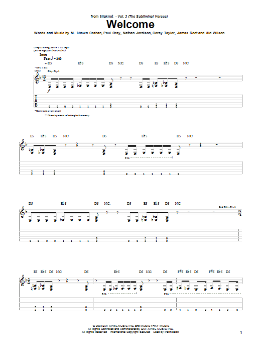 Slipknot Welcome sheet music notes and chords arranged for Guitar Tab