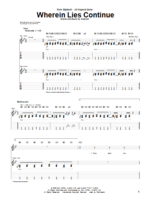 Slipknot Wherein Lies Continue sheet music notes and chords arranged for Guitar Tab