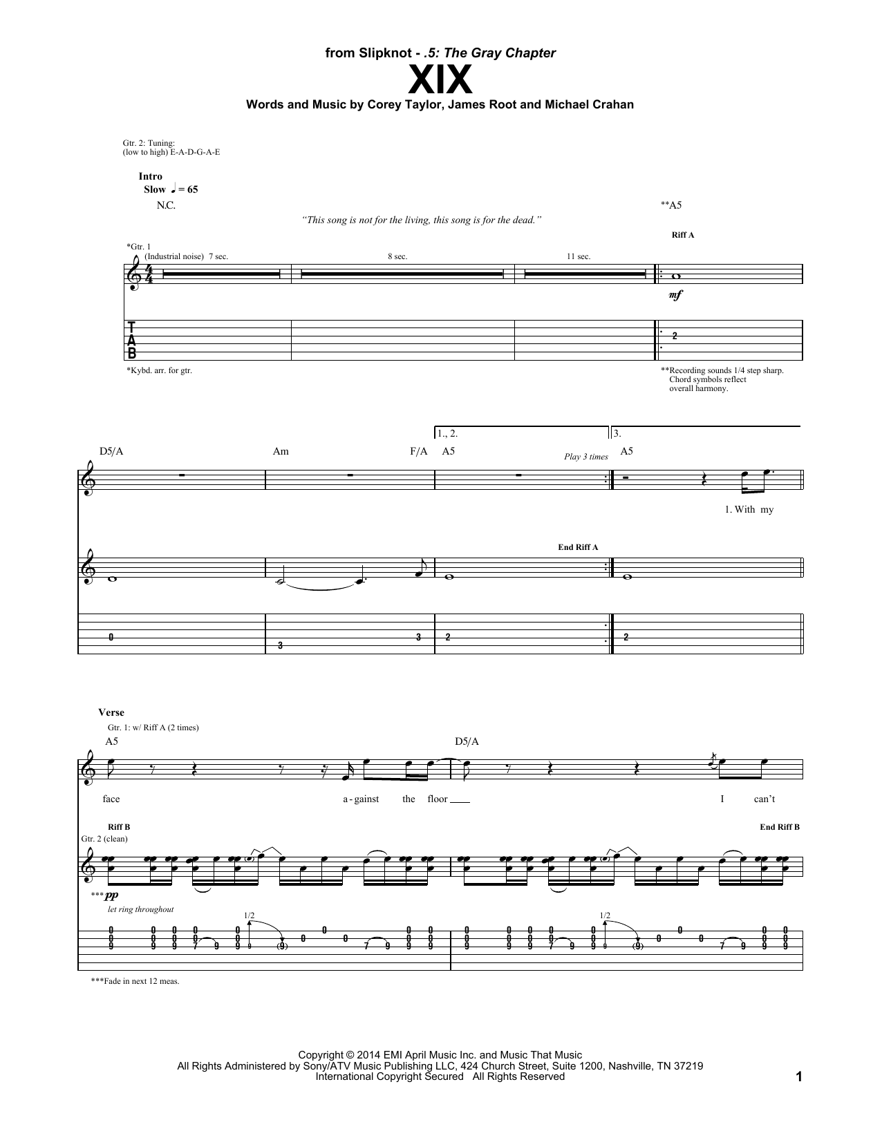 Slipknot XIX sheet music notes and chords arranged for Guitar Tab