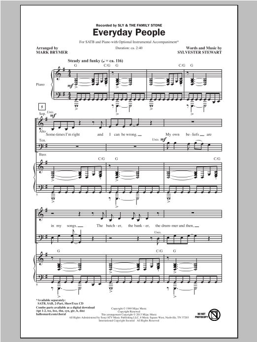 Sly & The Family Stone Everyday People (arr. Mark Brymer) sheet music notes and chords arranged for SATB Choir