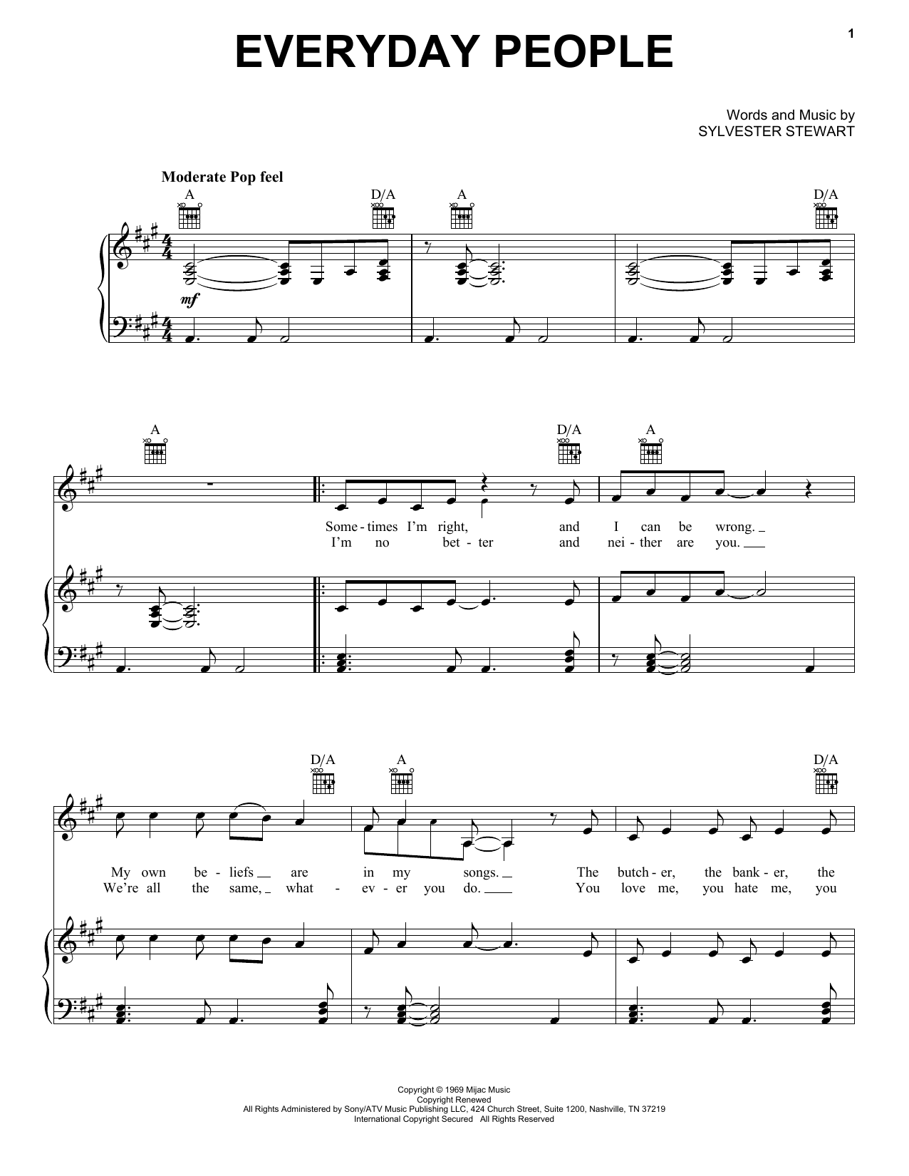 Sly & The Family Stone Everyday People sheet music notes and chords arranged for Guitar Chords/Lyrics