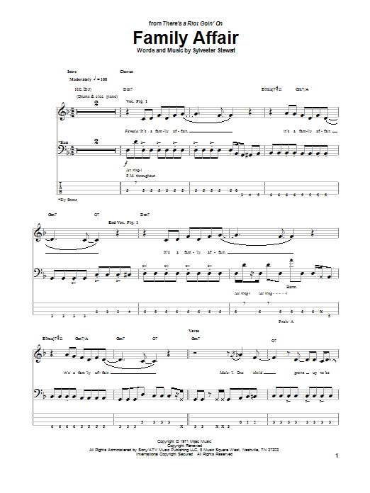 Sly & The Family Stone Family Affair sheet music notes and chords arranged for Bass Guitar Tab