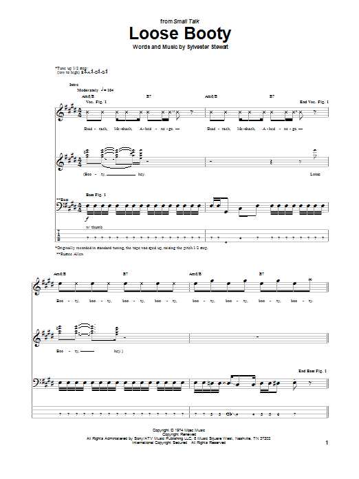 Sly & The Family Stone Loose Booty sheet music notes and chords arranged for Bass Guitar Tab