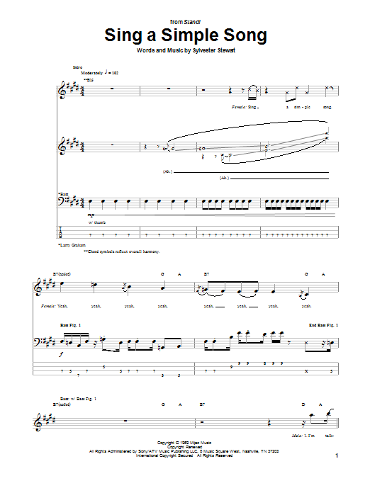 Sly & The Family Stone Sing A Simple Song sheet music notes and chords arranged for Bass Guitar Tab
