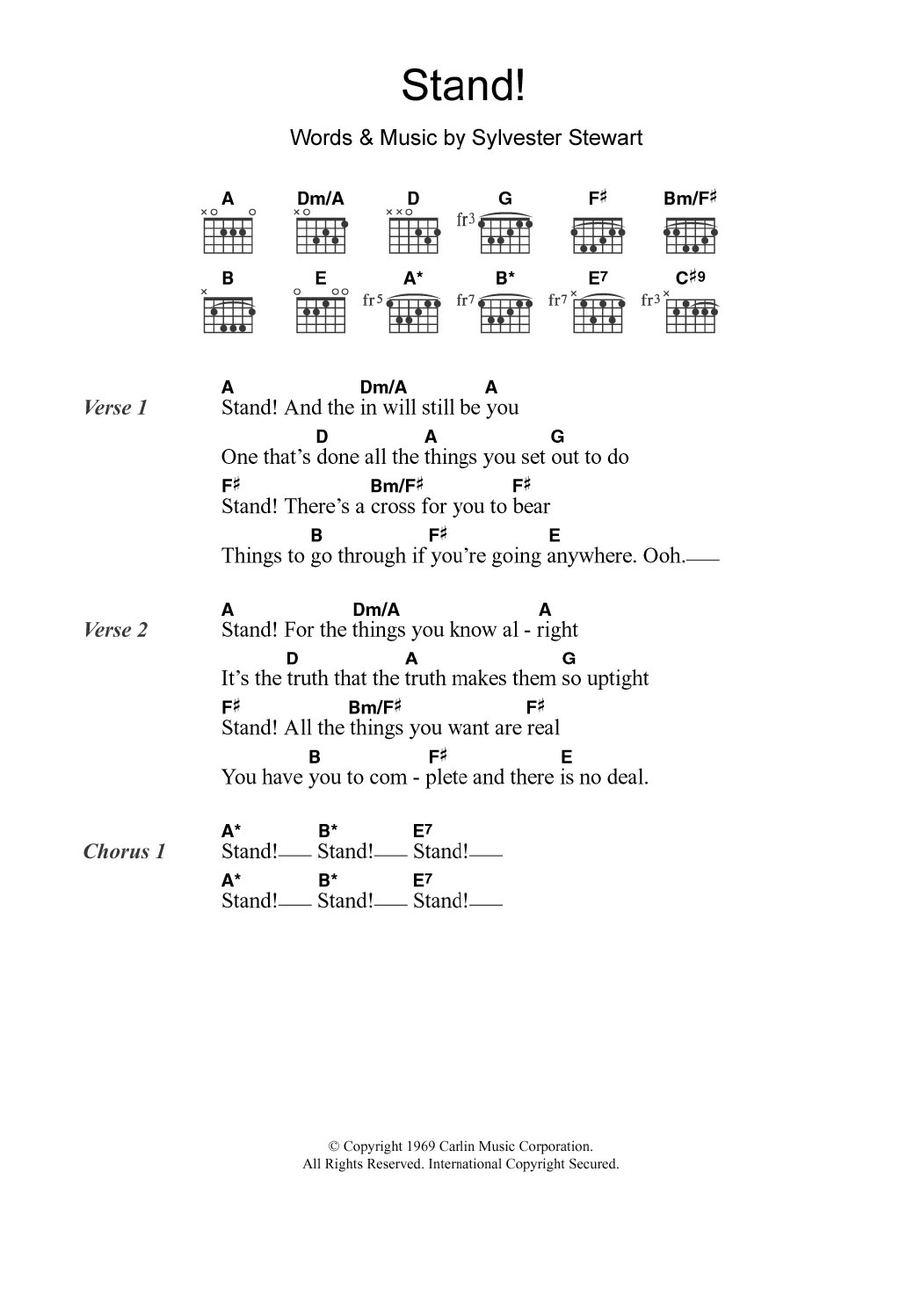Sly & The Family Stone Stand! sheet music notes and chords arranged for Guitar Chords/Lyrics