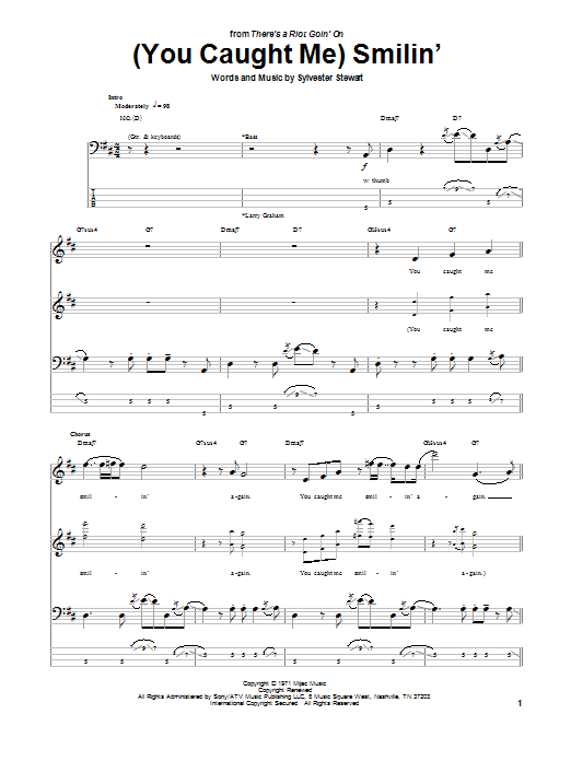 Sly & The Family Stone (You Caught Me) Smilin' sheet music notes and chords arranged for Bass Guitar Tab