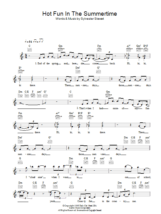 Sly And The Family Stone Hot Fun In The Summertime sheet music notes and chords arranged for Piano, Vocal & Guitar Chords
