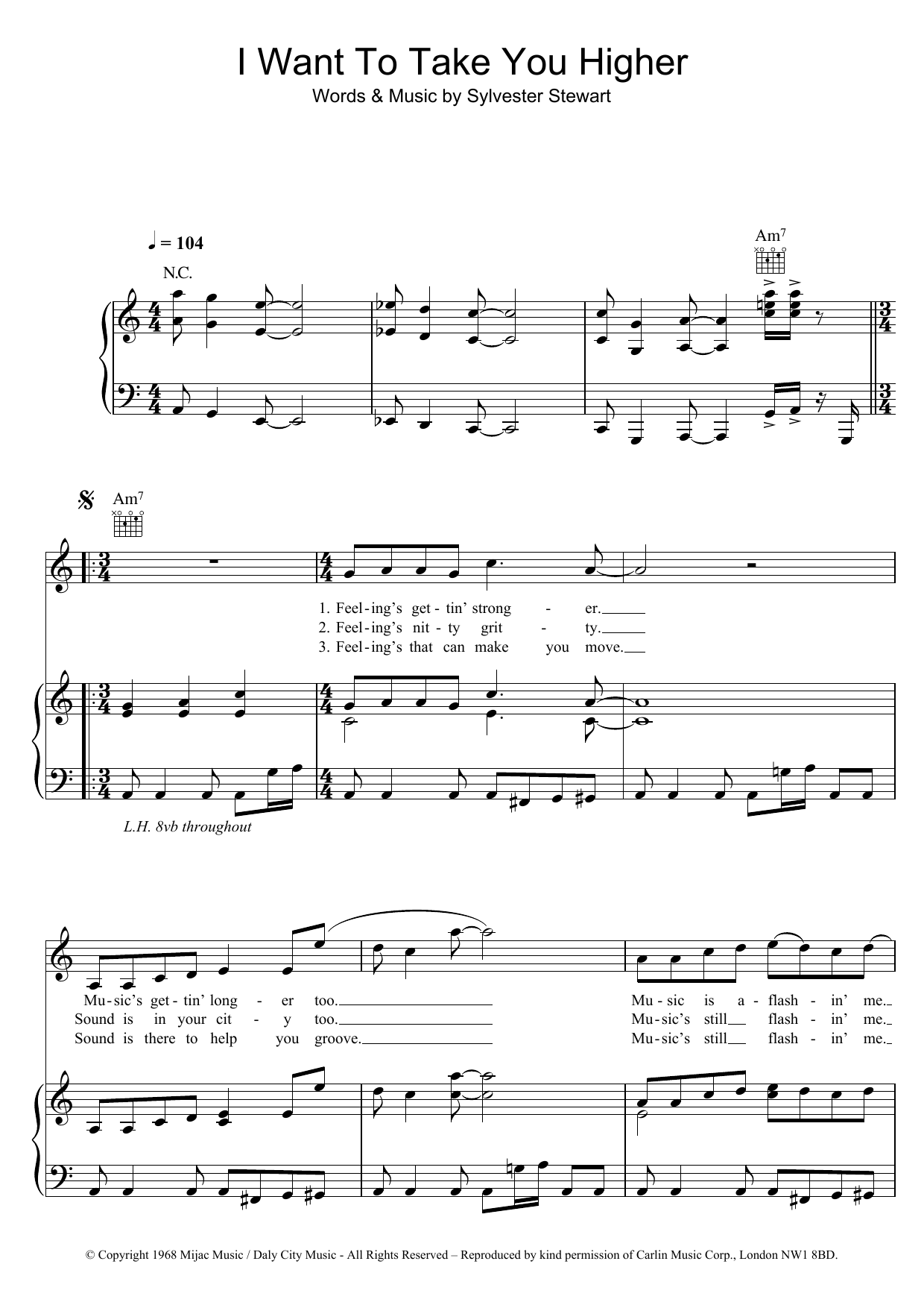Sly And The Family Stone I Want To Take You Higher sheet music notes and chords arranged for Piano, Vocal & Guitar Chords
