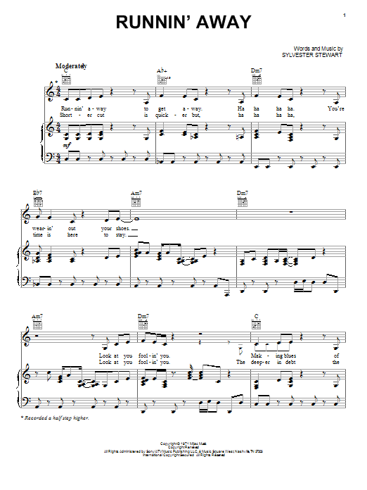 Sly And The Family Stone Runnin' Away sheet music notes and chords arranged for Piano, Vocal & Guitar Chords (Right-Hand Melody)