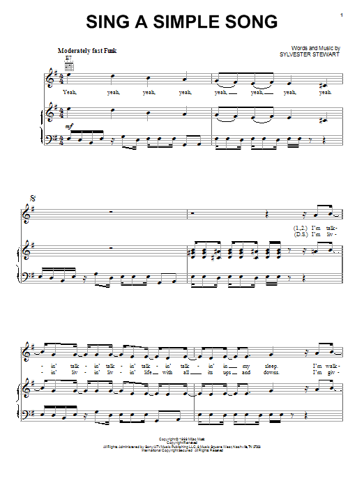 Sly And The Family Stone Sing A Simple Song sheet music notes and chords arranged for Piano, Vocal & Guitar Chords (Right-Hand Melody)