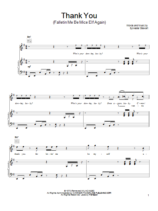 Sly & The Family Stone Thank You (Falletin Me Be Mice Elf Again) sheet music notes and chords arranged for Piano, Vocal & Guitar Chords (Right-Hand Melody)