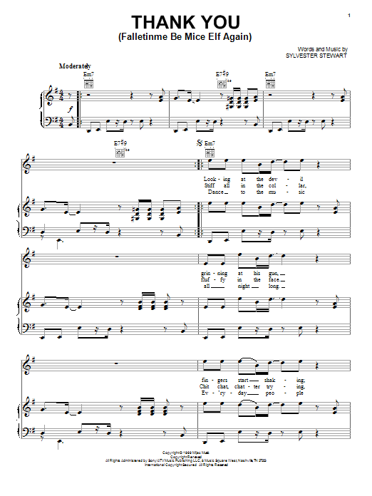 Sly And The Family Stone Thank You (Falletinme Be Mice Elf Again) sheet music notes and chords arranged for Piano, Vocal & Guitar Chords (Right-Hand Melody)