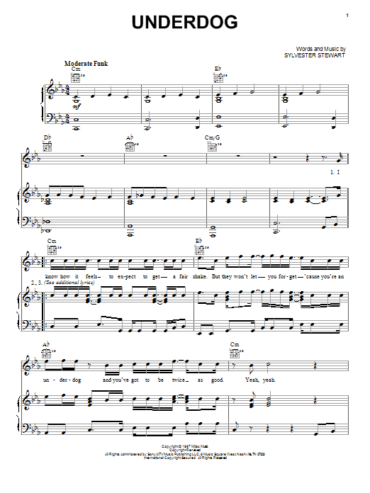 Sly And The Family Stone Underdog sheet music notes and chords arranged for Piano, Vocal & Guitar Chords (Right-Hand Melody)