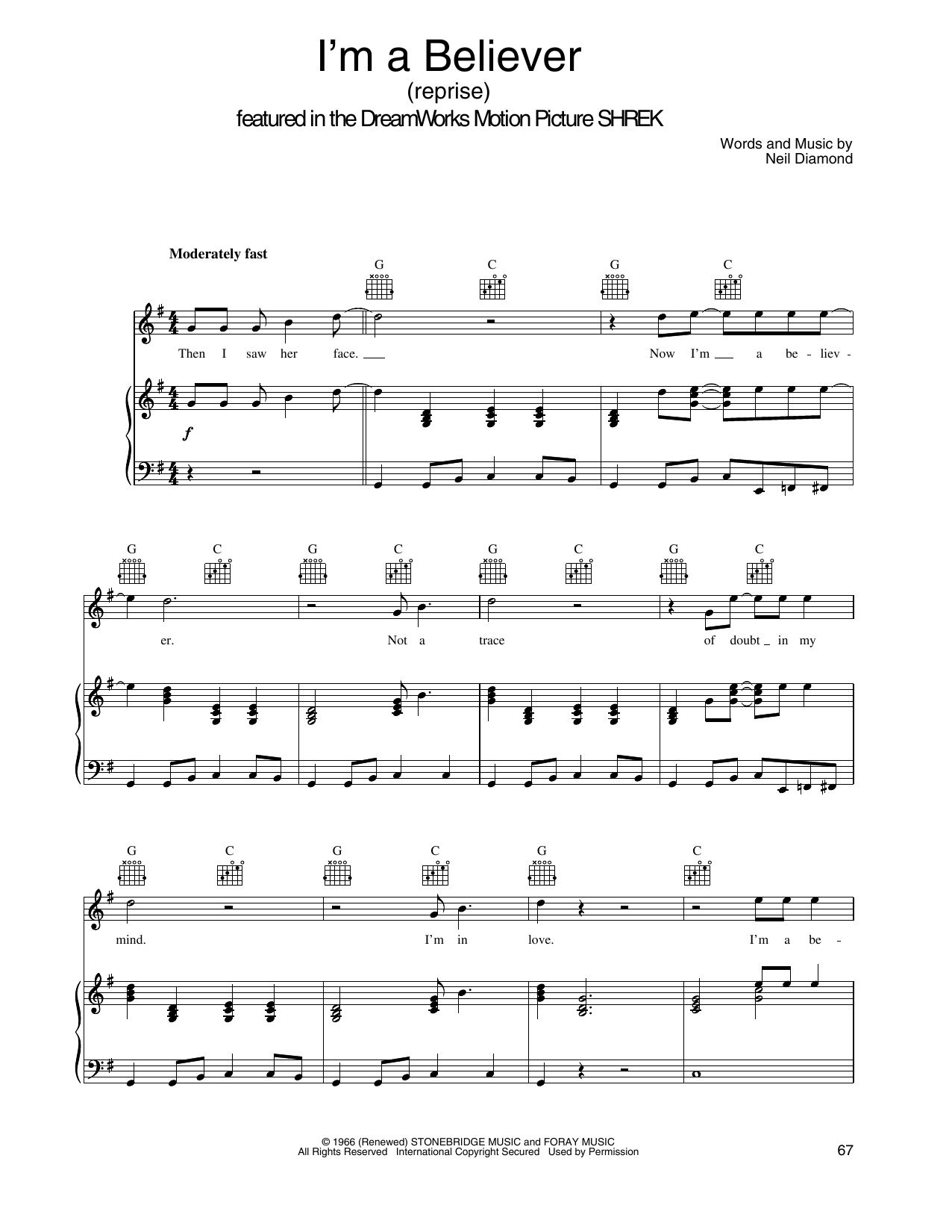 Smash Mouth I'm A Believer (from Shrek) sheet music notes and chords arranged for Piano, Vocal & Guitar Chords (Right-Hand Melody)
